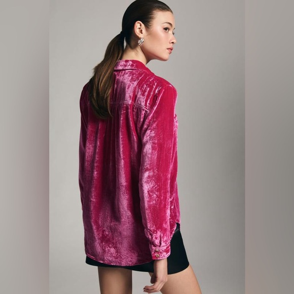 Anthropologie Pilcro Hadley Relaxed Velvet Button Down Top, Hot Pink, Size 4, XS - Picture 2 of 4